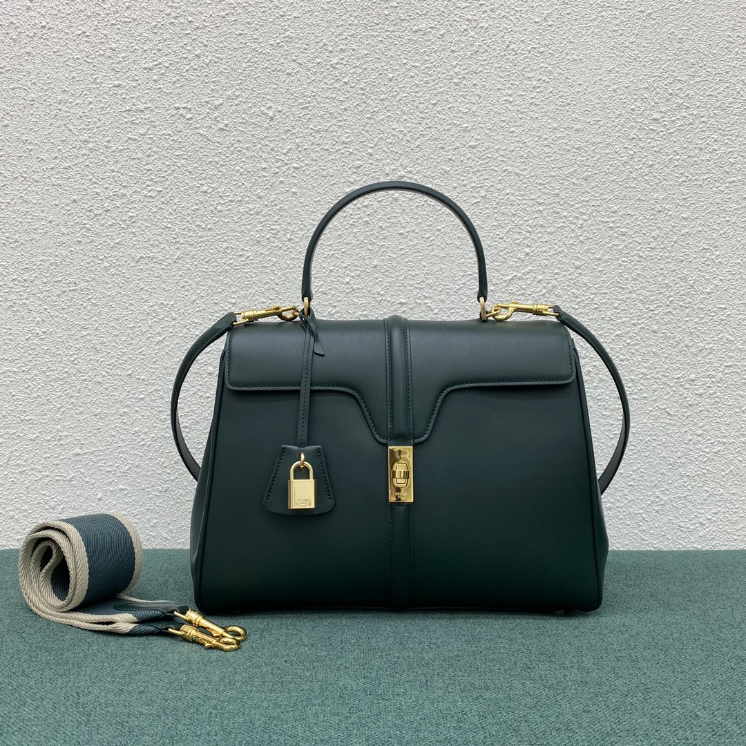 Celine Classique 16 Satinated Calfskin Handbag Shoulder Bag Dark Green 187373